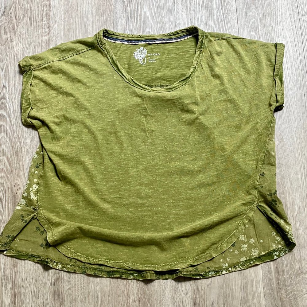 (9) - Anthropologie Pilcro Knit Crew Slits Stretch Cotton Floral Pr. Back Top XS